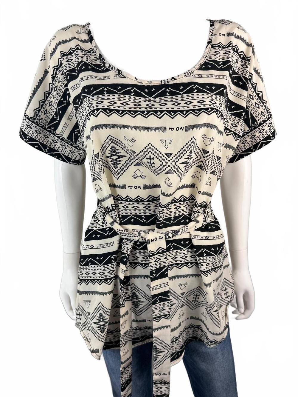 Poema Black and White Geometric Print Belted Tunic Top Size Small